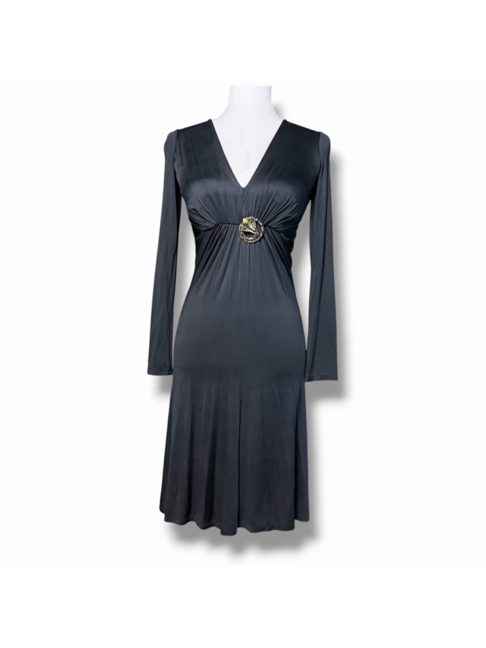 Roberto Cavalli 40/S Black Deep V Long Sleeve Jersey Knee Dress Snake Couture